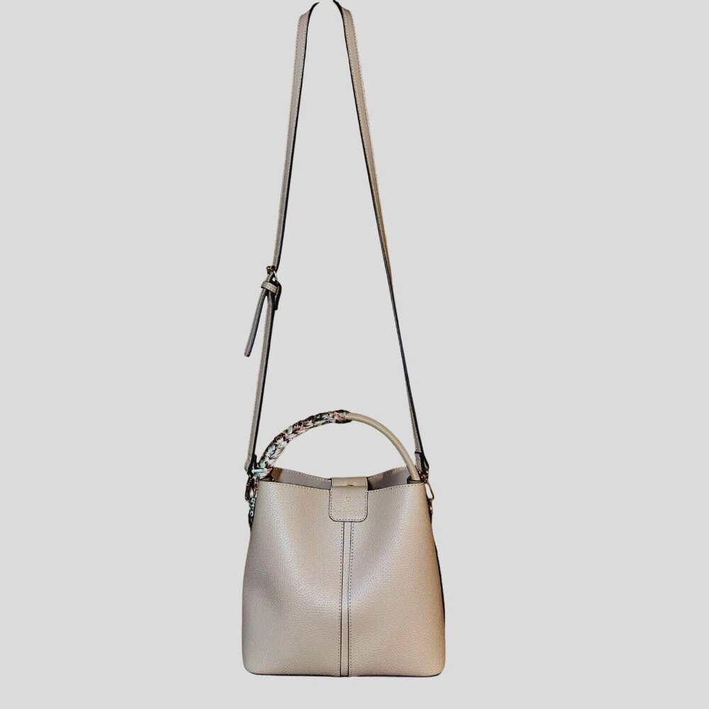 Nanette Lepore Blush Bucket Bag Faux Leather Scarf Wrap Crossbody Quiet Luxury